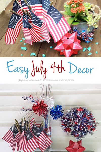 Get ready for your July 4th celebration in minutes with 3 easy July 4th decorations: a sparkly pomander ball, an American Flag bouquet, and a fireworks vase.