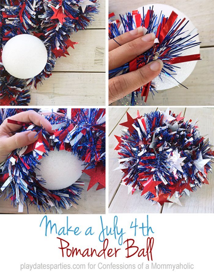 Get ready for your July 4th celebration in minutes with 3 easy July 4th decorations: a sparkly pomander ball, an American Flag bouquet, and a fireworks vase.