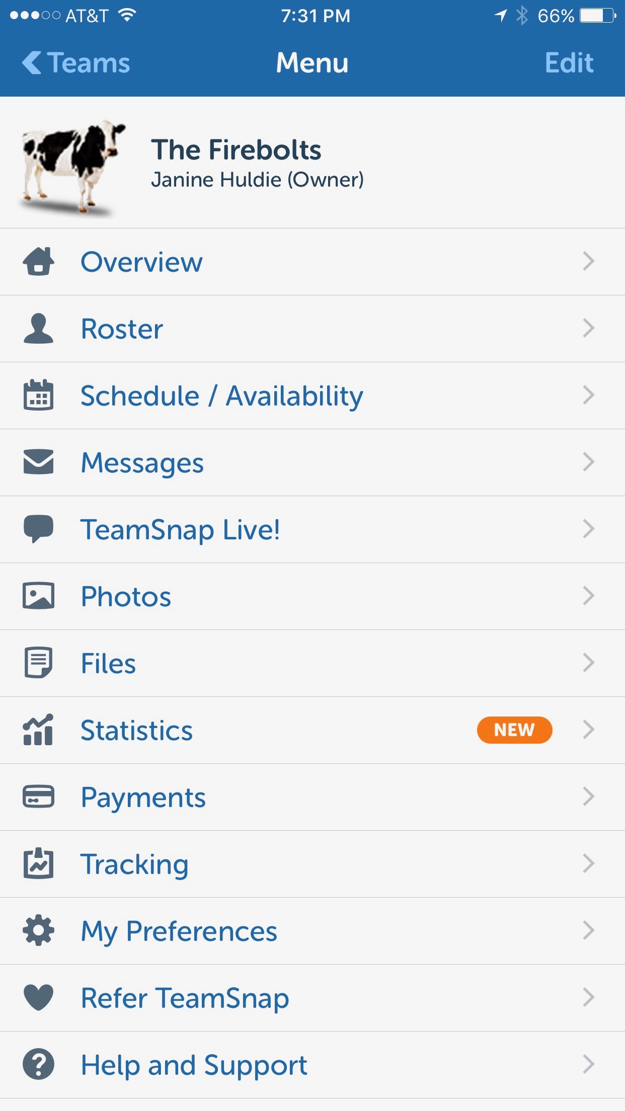 TeamSnap App Menu Screen for Organizational Team Help