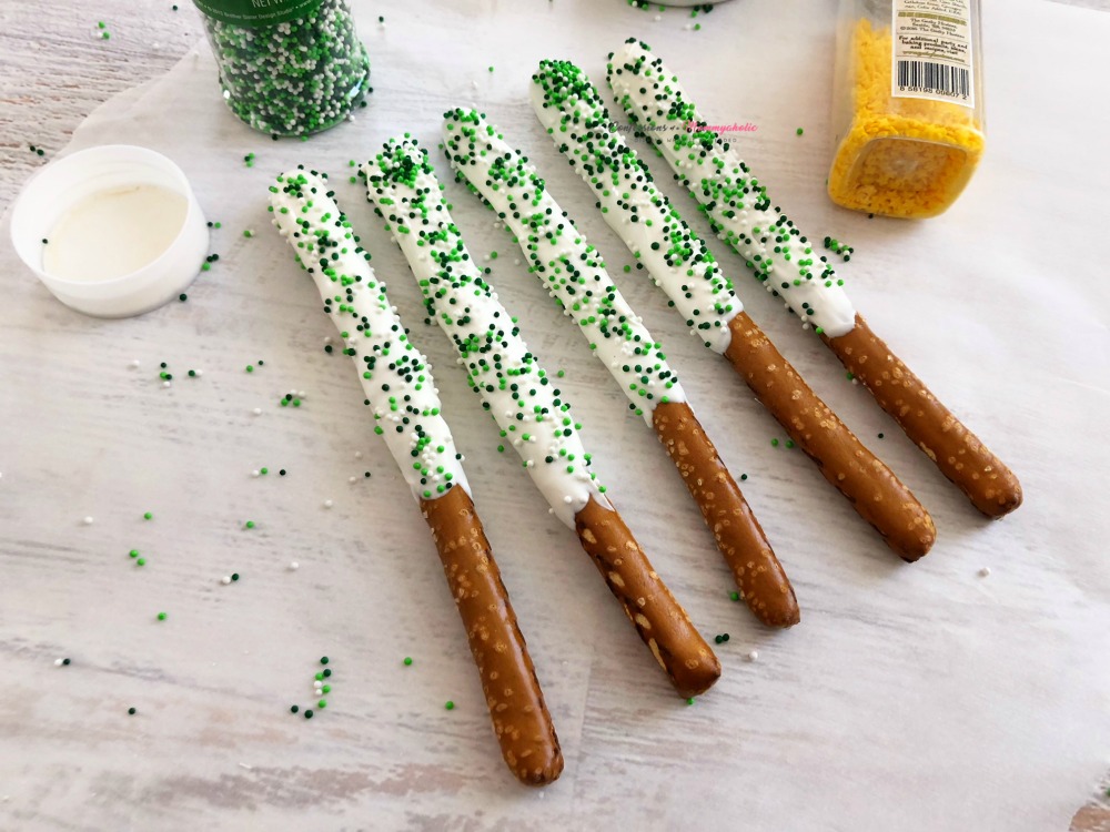 White and Green Chocolate Covered Pretzels Recipe Sprinkles 1