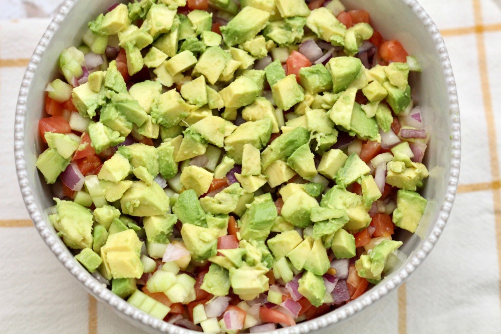 Closeup of Cucumber Tomato Salad with Diced Avocados From Mexico in Bowl 1