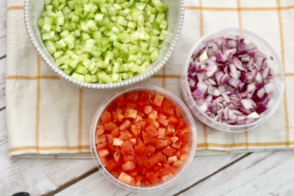 Diced Cucumbers Tomatoes and Red Onions