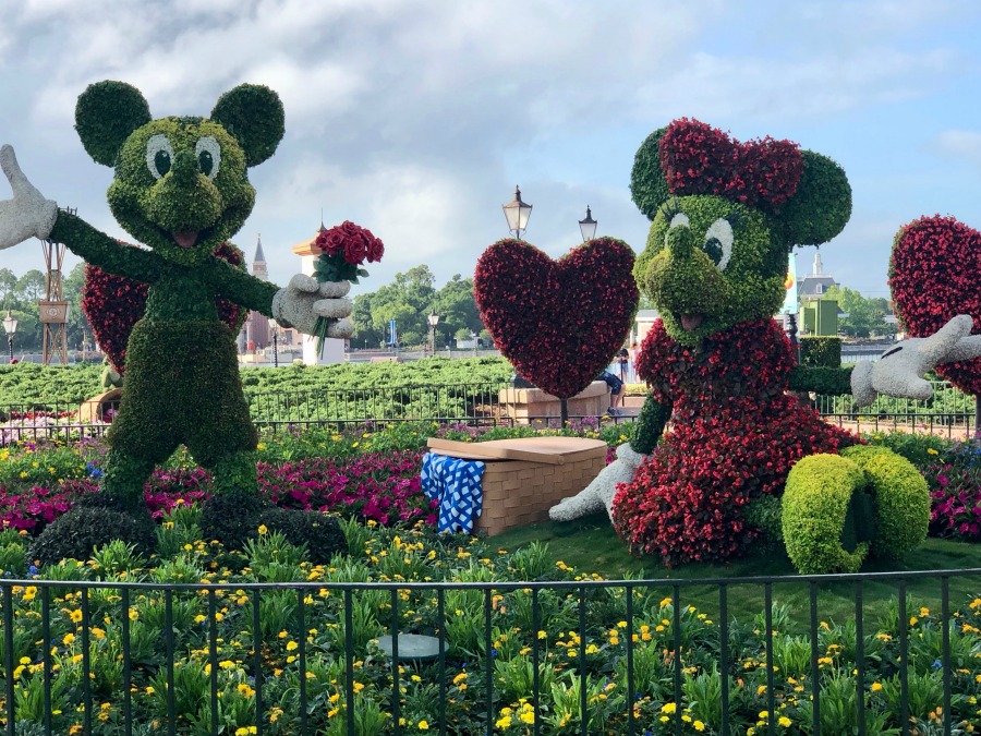 Epcot Flower and Garden Festival Mickey and Minnie Mouses at the Entrance of the World Showcase