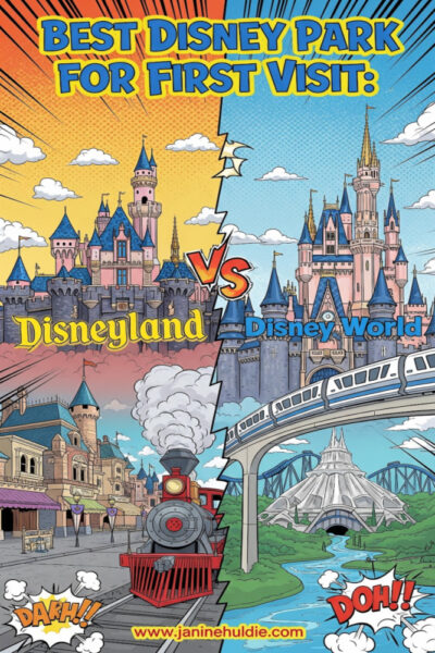 Disneyland vs Disney World graphic for deciding the best Disney park for first visit