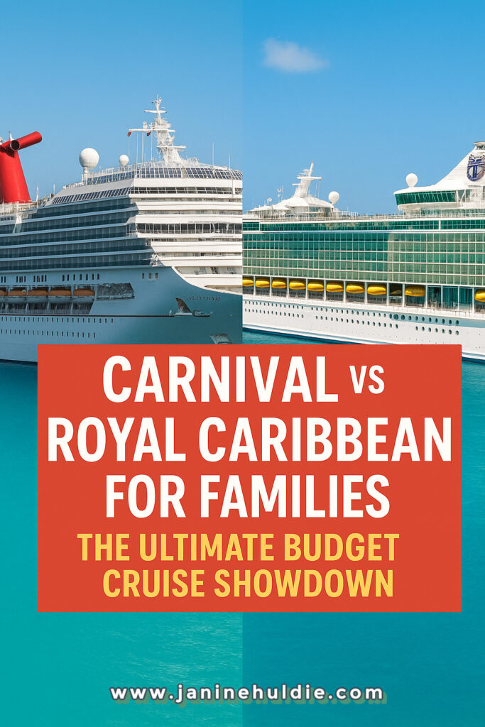 Vertical Pinterest image comparing Carnival and Royal Caribbean cruise ships for families, showing both ships sailing on turquoise water with a bold red banner reading “Carnival vs Royal Caribbean for Families: The Ultimate Budget Cruise Showdown.