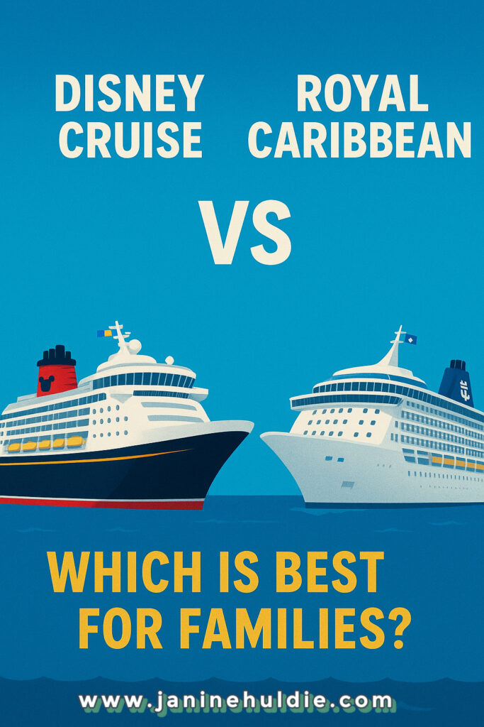 Illustration comparing Disney Cruise vs Royal Caribbean ships with the title "Which is best for families" for a blog post about family-friendly cruise options.