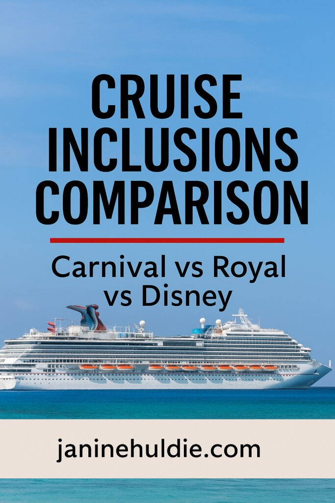 Vertical Pinterest image showing a cruise ship at sea with text overlay “Cruise Inclusions Comparison: Carnival vs Royal vs Disney” and the website janinehuldie.com, representing a blog post comparing what’s included on major cruise lines.