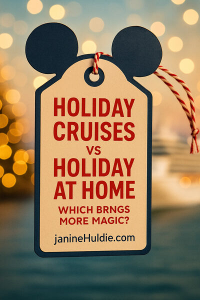 Vertical Pinterest-style image featuring a nautical luggage tag shaped like mouse ears with the text ‘Holiday Cruises vs Holiday at Home: Which Brings More Magic?’ A softly lit holiday cruise ship and golden bokeh lights glow in the background. Image includes janinehuldie.com at the bottom.