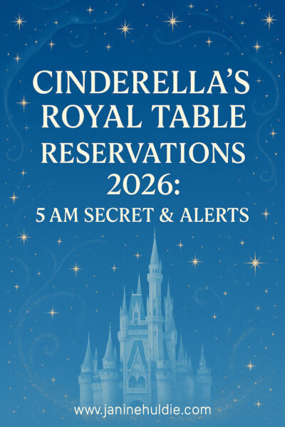 Pinterest image for Cinderella’s Royal Table Reservations 2026 showing a magical blue and gold castle design with stars, promoting the 5 AM booking secret and reservation alerts.