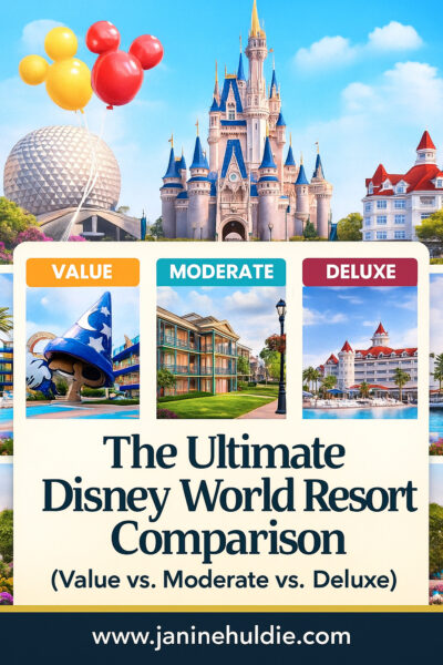 Pinterest image for Disney World Resort Comparison, showing Cinderella Castle, Epcot's Spaceship Earth, and icons for the Value, Moderate, and Deluxe hotel tiers.