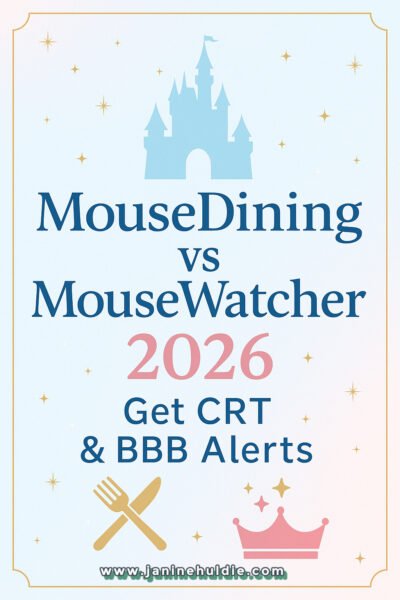 Pinterest pin comparing MouseDining vs MouseWatcher 2026, featuring Cinderella Castle and icons for dining (CRT) and princess services (BBB).