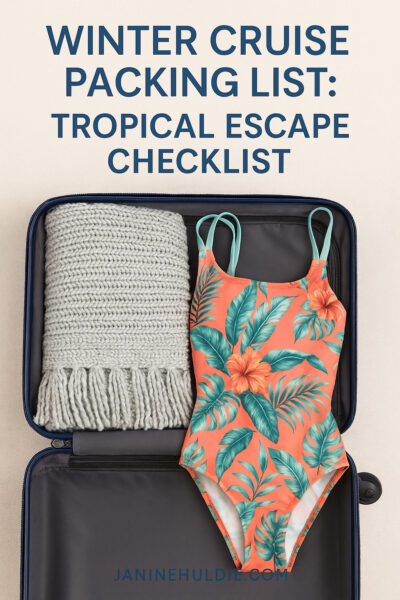 Pinterest image showing a suitcase packed with a tropical swimsuit next to a heavy gray scarf, illustrating the dual-climate challenge of a winter cruise packing list.