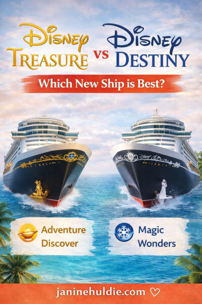 Two Disney cruise ships side by side representing Disney Treasure vs Disney Destiny comparison for new cruise ships