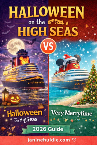 Split image of Disney cruise ship decorated for Halloween and Christmas showing Halloween on the High Seas vs Very Merrytime cruise comparison
