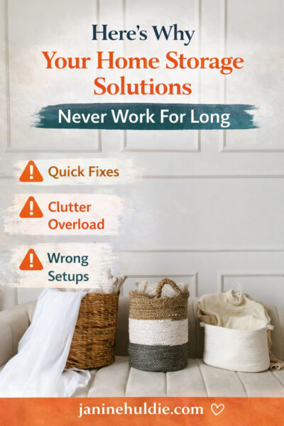 Woven storage baskets on a couch with home organization items illustrating why storage solutions fail over time