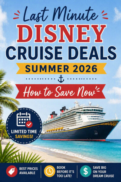 Cruise ship sailing near a tropical beach with text promoting last minute summer 2026 cruise deals and savings tips