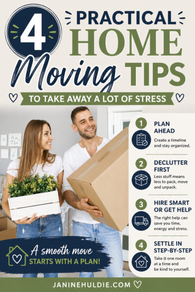 Happy couple carrying moving boxes and plants inside a new home with text about practical moving tips and stress-free relocation