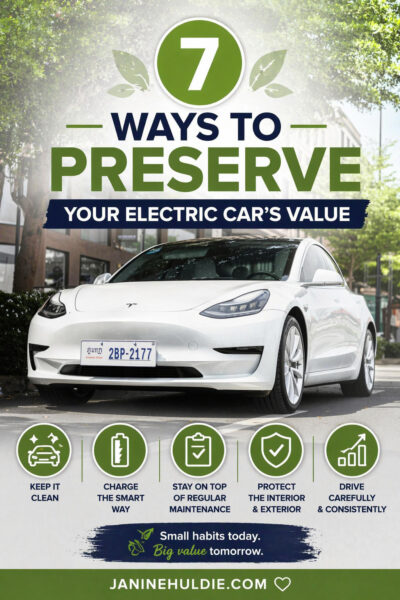 White electric car parked on a street with text about preserving electric vehicle value and maintenance tips