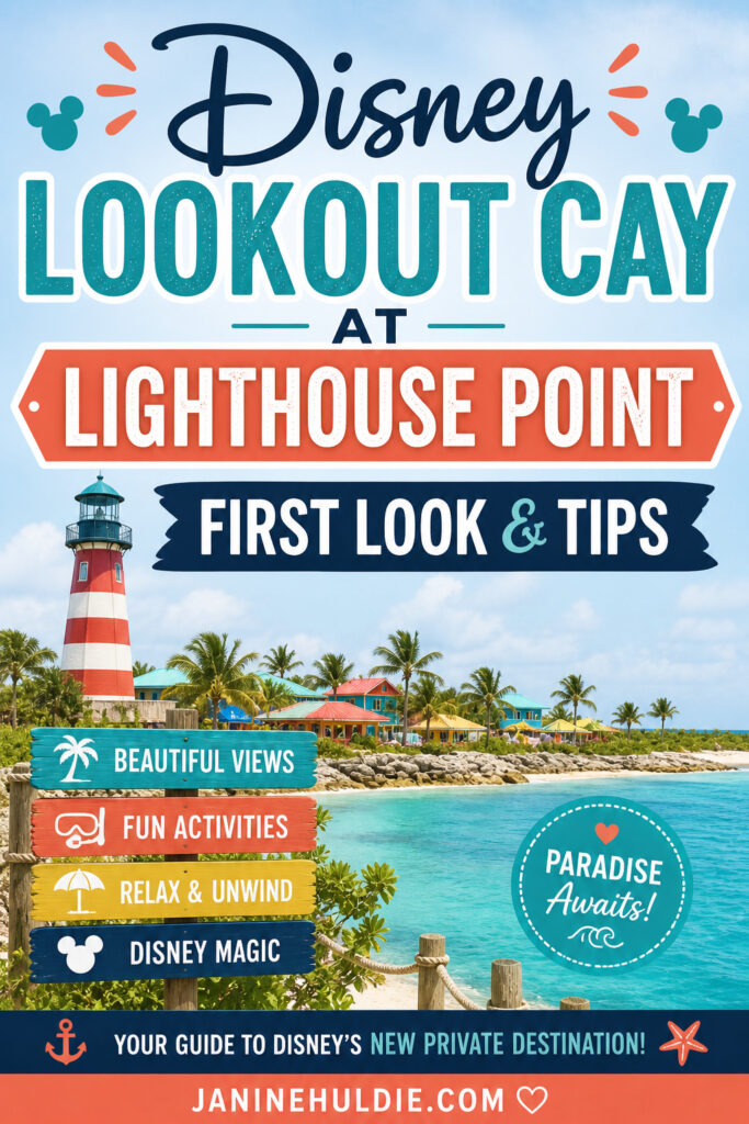 Tropical beach scene with lighthouse and colorful island buildings representing Disney Lookout Cay at Lighthouse Point travel tips and first look guide