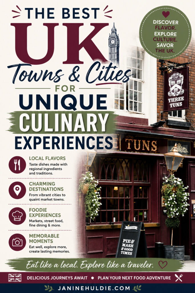 Traditional UK pub and street scene representing the best British towns and cities for unique culinary and foodie experiences