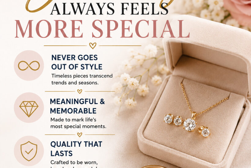 Elegant gold jewelry set with necklace, earrings, and ring displayed in a jewelry box representing timeless and meaningful jewelry pieces